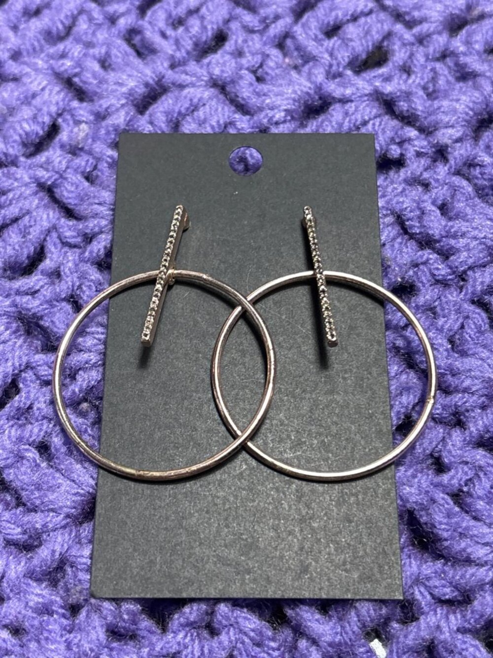 Goldtone Hoop Dangle Earrings Rhinestone Bar 2 inches